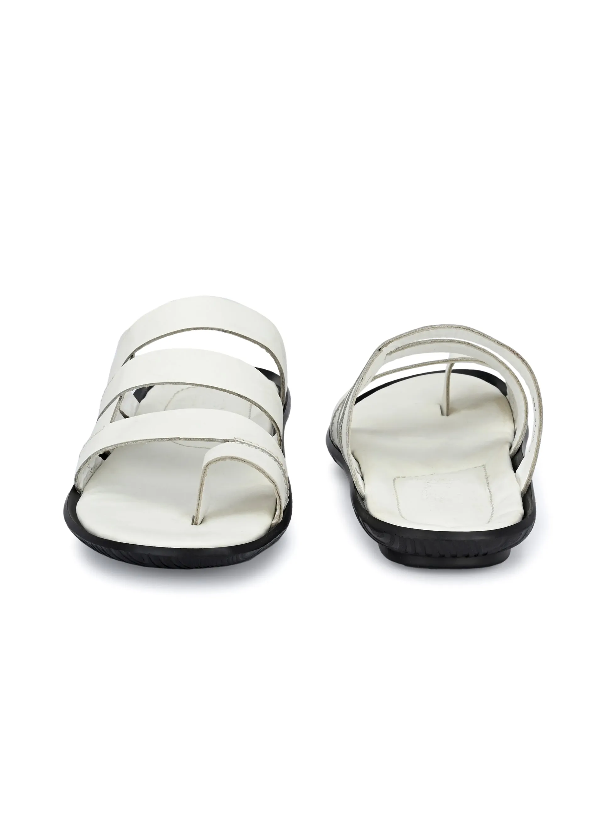Hitz Men's White Leather Open Toe Indoor Outdoor Comfort Slippers