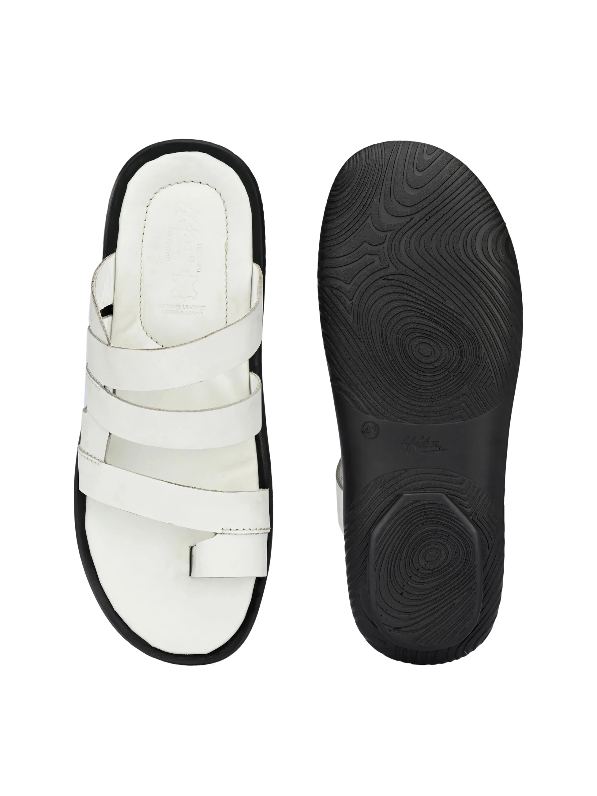 Hitz Men's White Leather Open Toe Indoor Outdoor Comfort Slippers