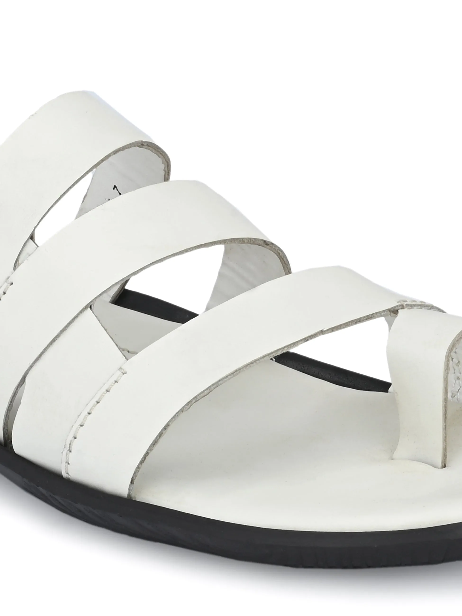 Hitz Men's White Leather Open Toe Indoor Outdoor Comfort Slippers