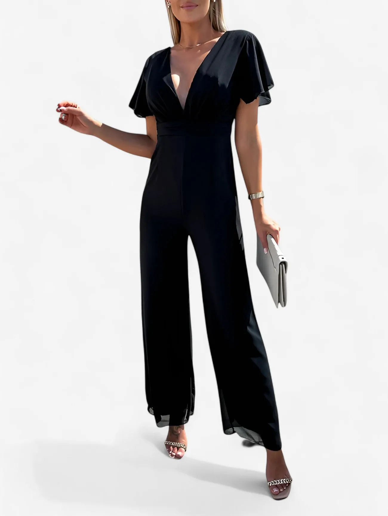 Jada | Women’s Casual V Neck Wide Leg Short Sleeve Jumpsuit