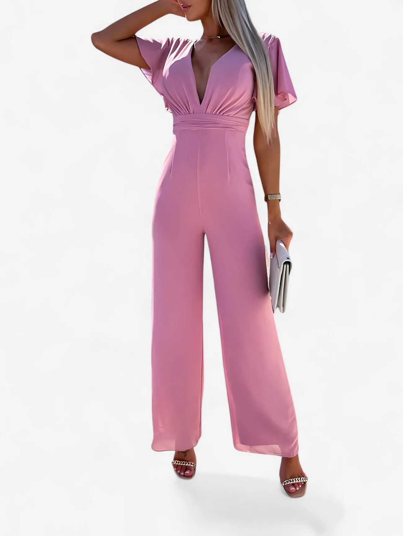 Jada | Women’s Casual V Neck Wide Leg Short Sleeve Jumpsuit