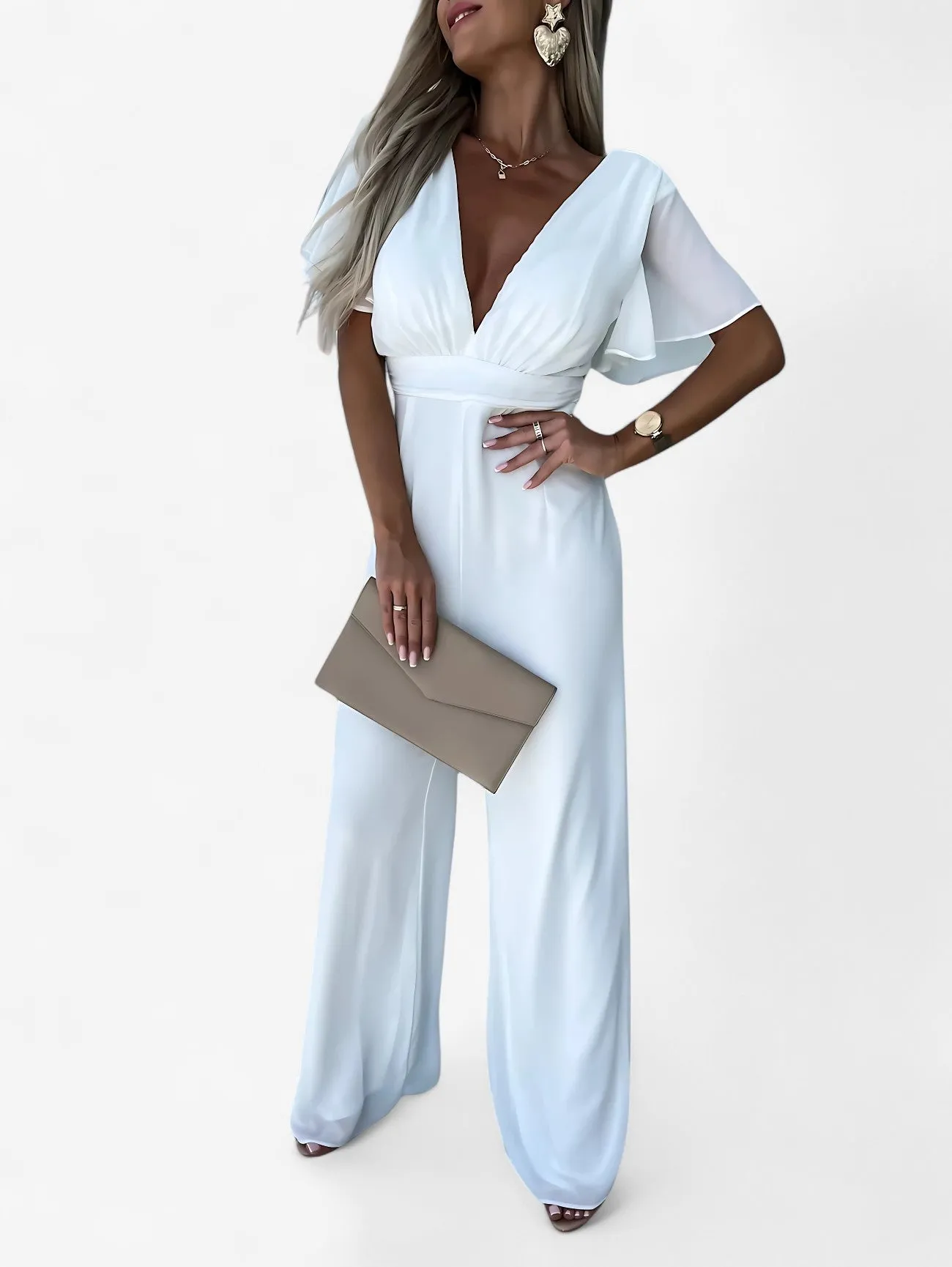Jada | Women’s Casual V Neck Wide Leg Short Sleeve Jumpsuit