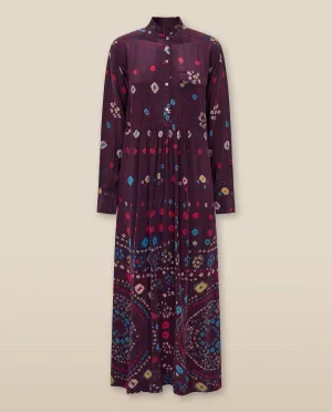 KAKOLI | Aubergine Multicoloured Ruffle Neck Print Midi Dress