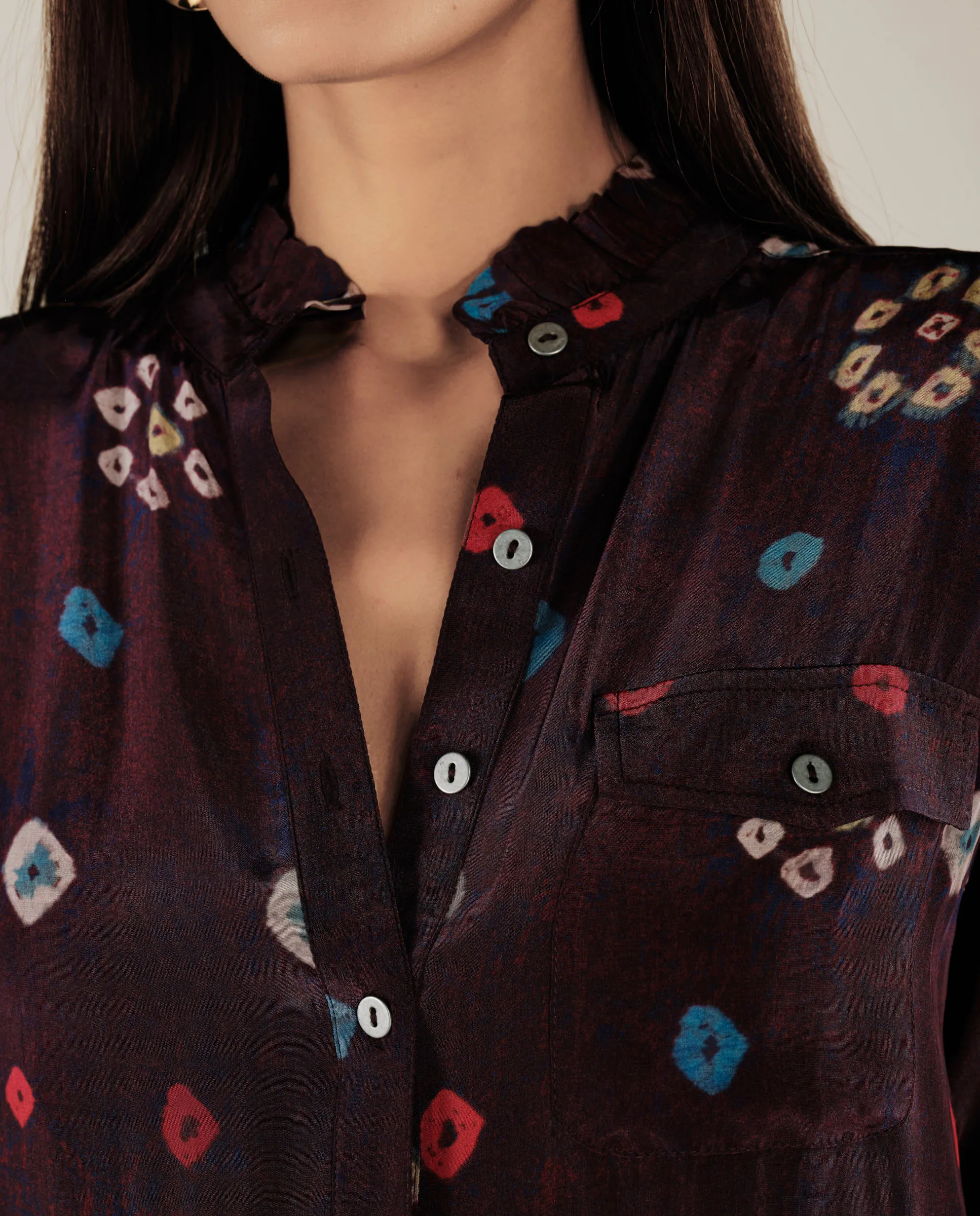 KAKOLI | Aubergine Multicoloured Ruffle Neck Print Midi Dress