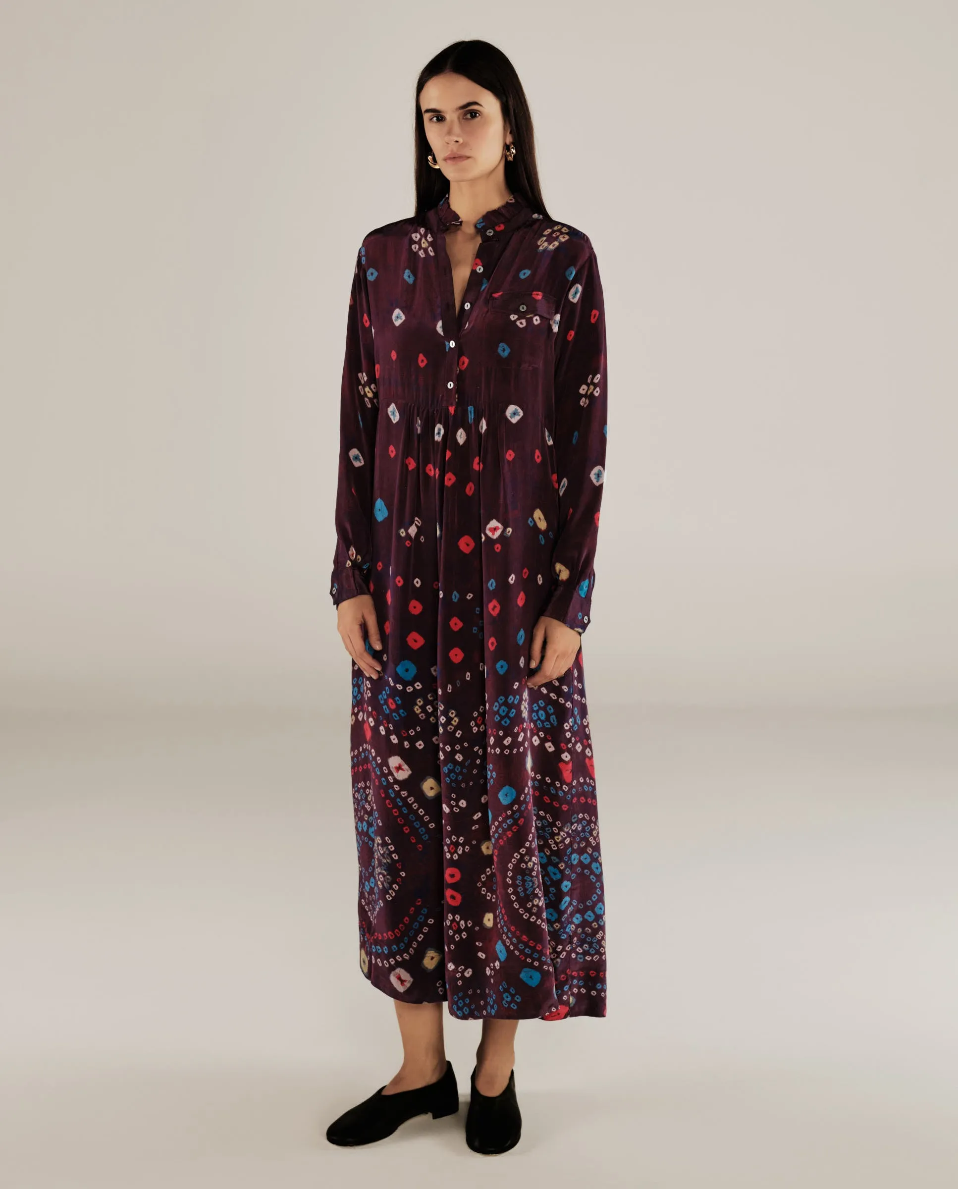KAKOLI | Aubergine Multicoloured Ruffle Neck Print Midi Dress