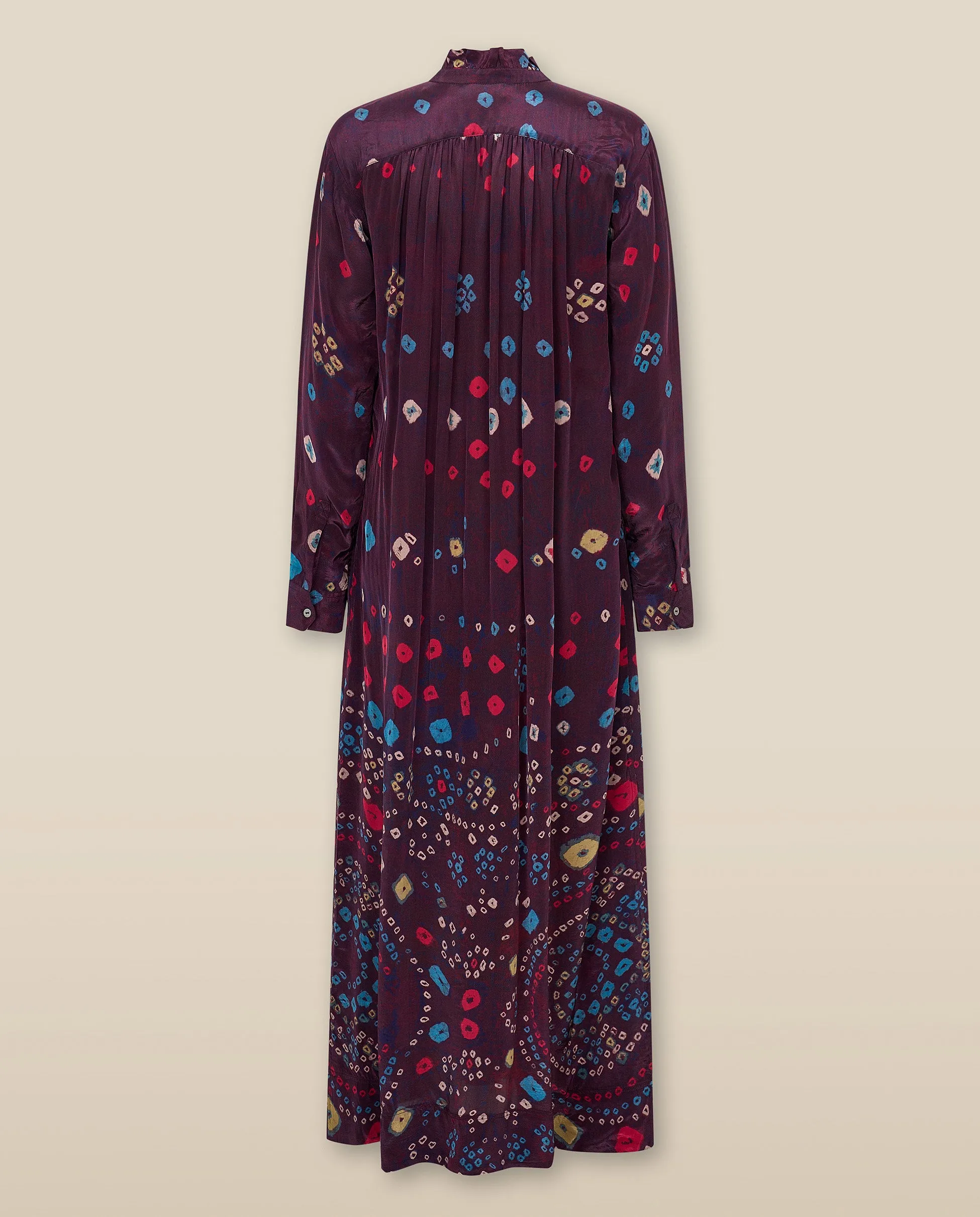 KAKOLI | Aubergine Multicoloured Ruffle Neck Print Midi Dress