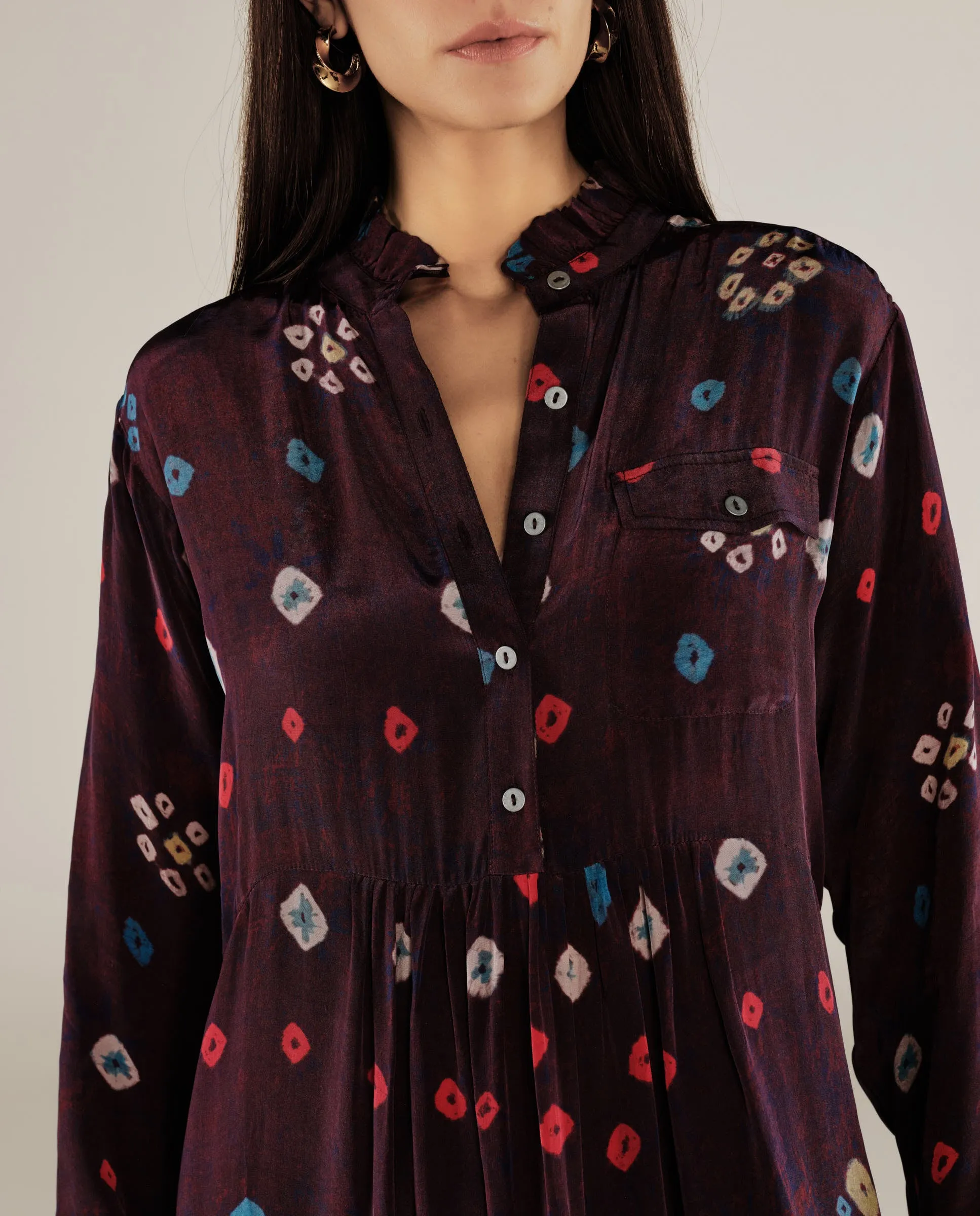 KAKOLI | Aubergine Multicoloured Ruffle Neck Print Midi Dress