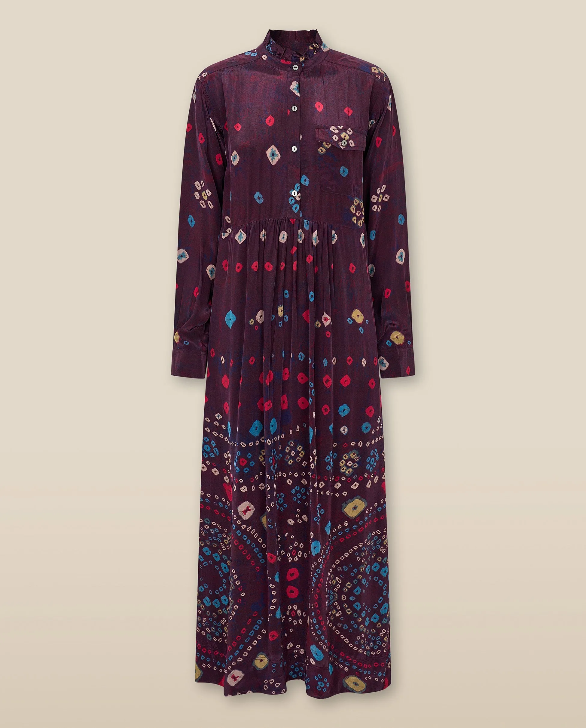 KAKOLI | Aubergine Multicoloured Ruffle Neck Print Midi Dress