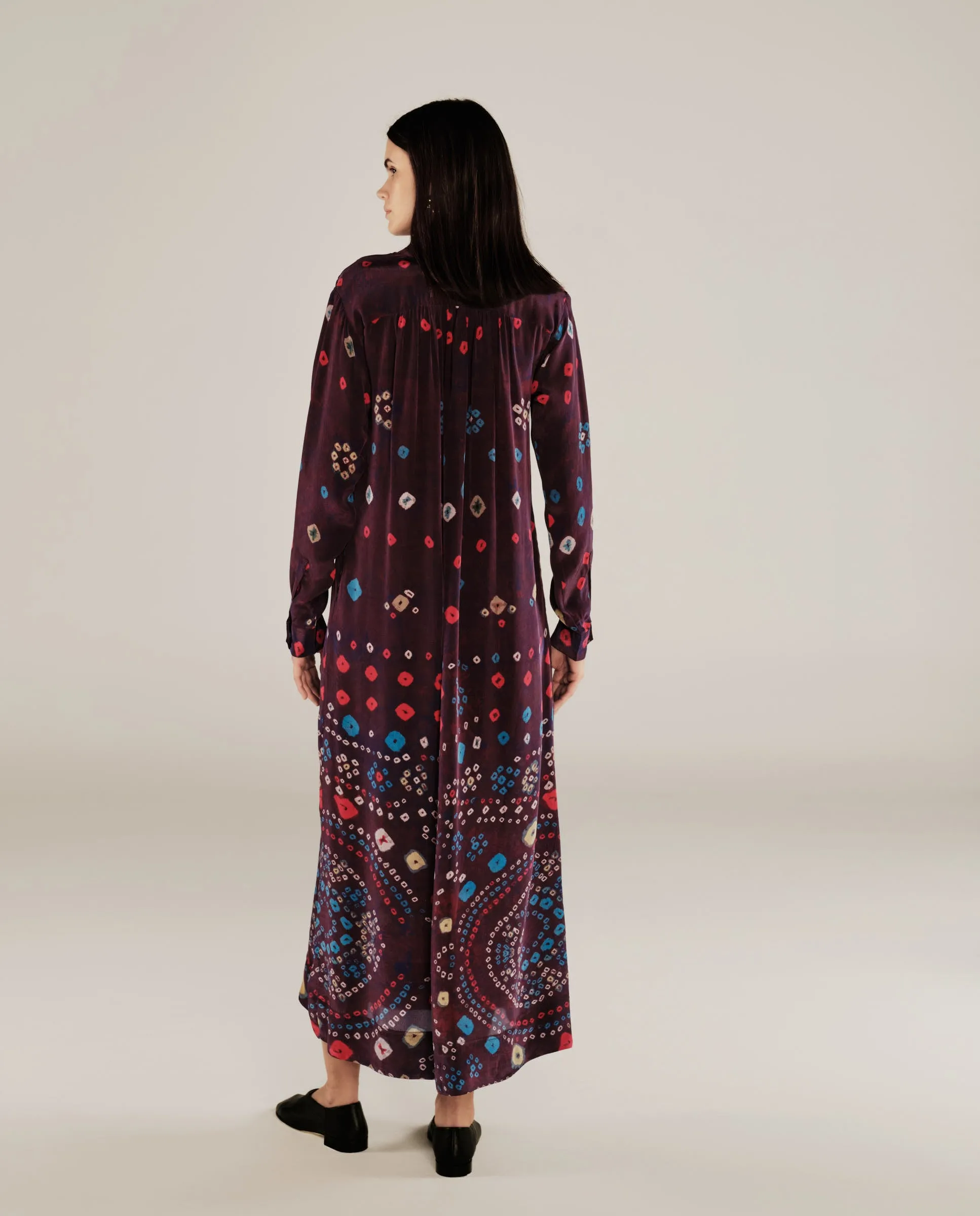 KAKOLI | Aubergine Multicoloured Ruffle Neck Print Midi Dress