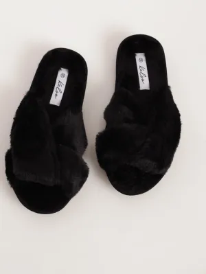 Ladies Cross-Over Double Band Open Toe Slipper - Black