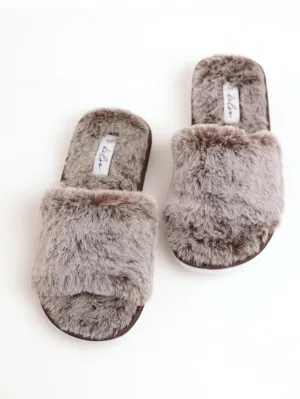 Ladies Open Toe Fur Slipper - Chocolate