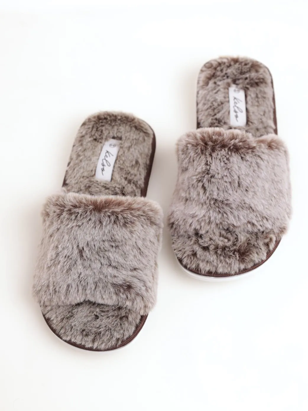 Ladies Open Toe Fur Slipper - Chocolate