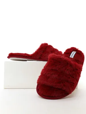 Ladies Quilted Fur Open-Toe Mule Slipper - Burgundy