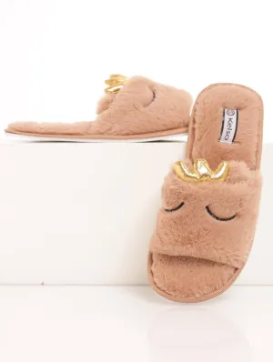 Ladies Sleeping Crown Open Toe Slipper - Beige