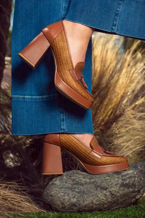 Leather & Raffia Block Heel Loafers