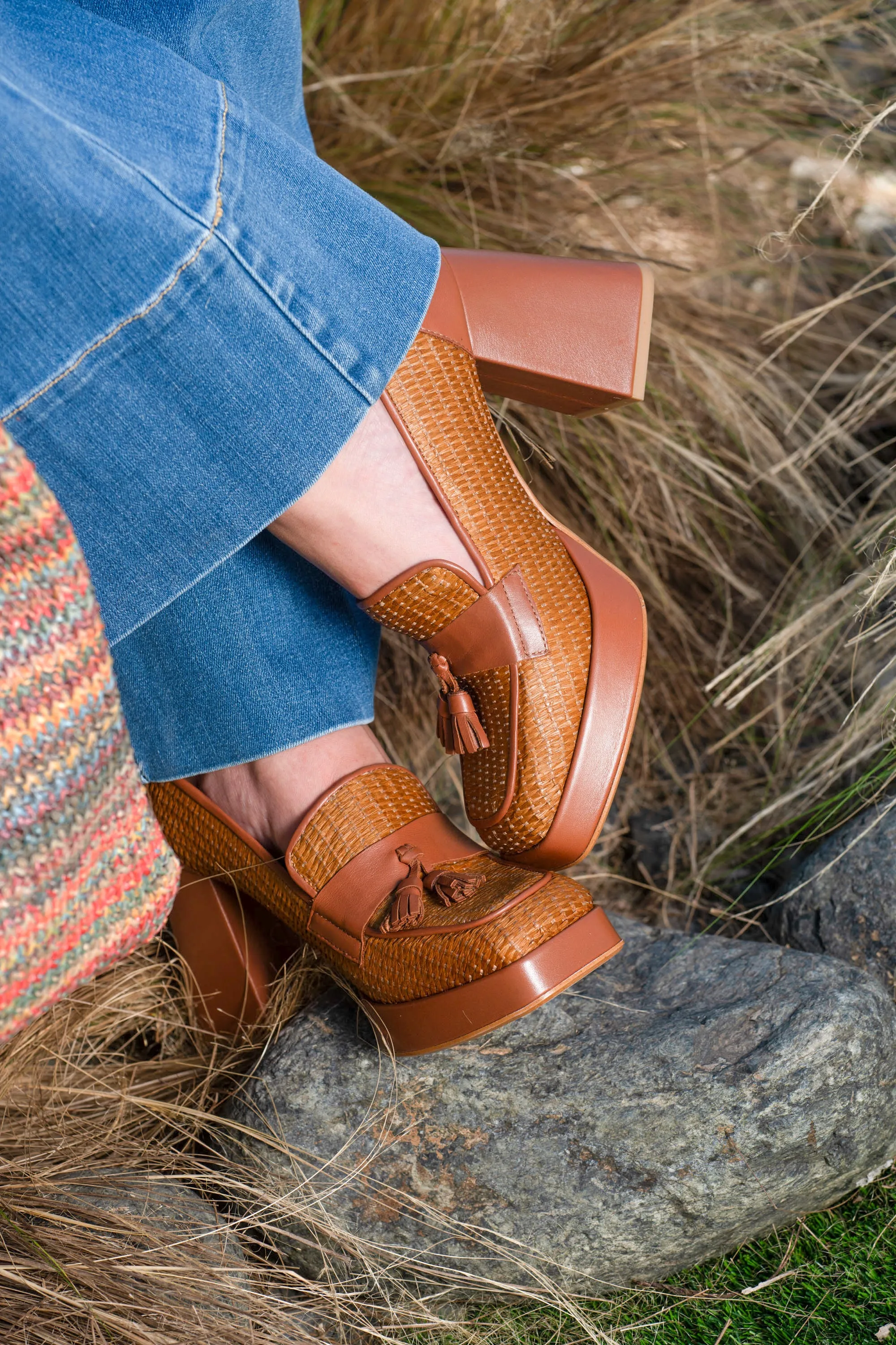 Leather & Raffia Block Heel Loafers