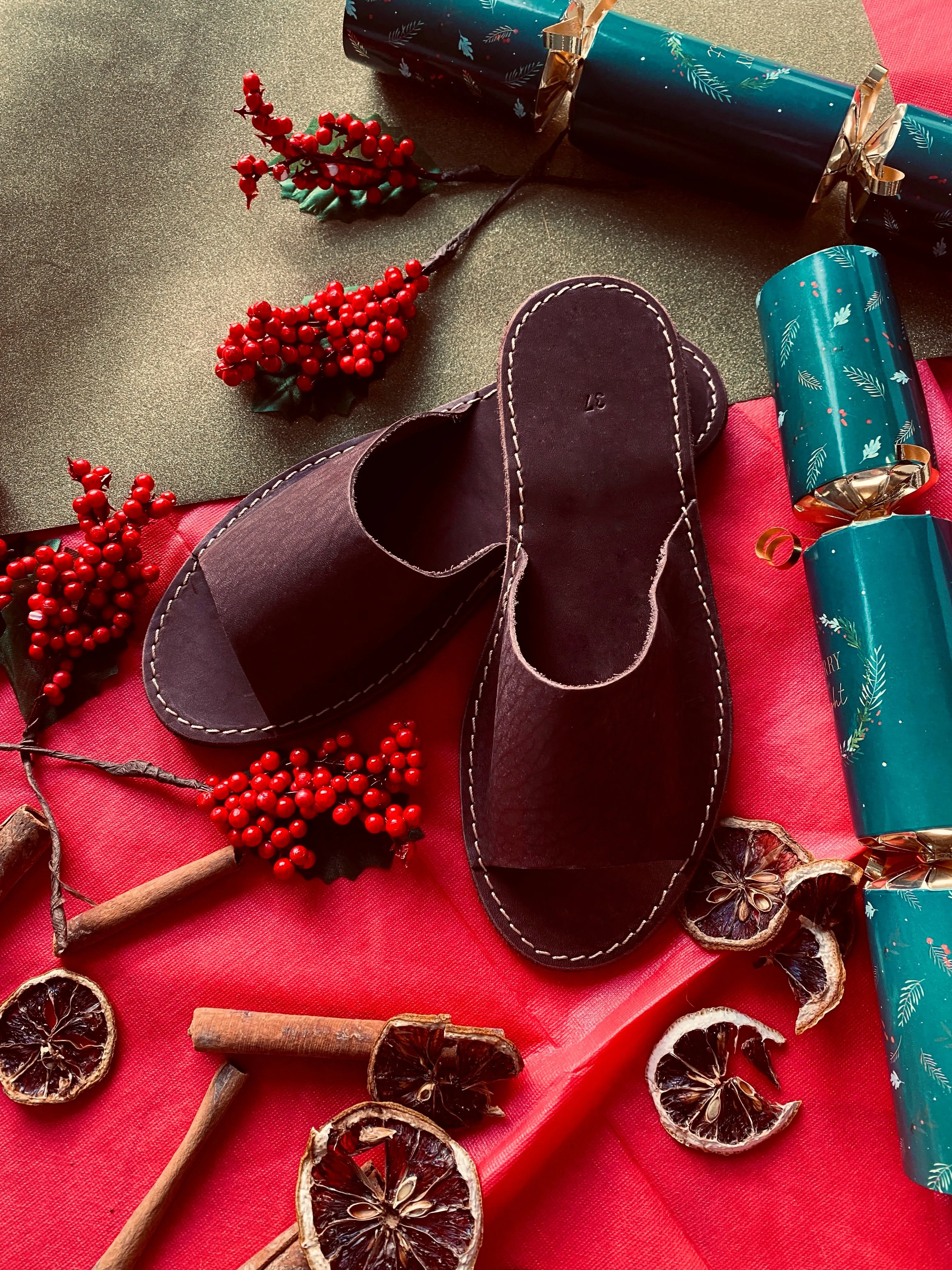 Leather Open Toe Slippers in Chocolate