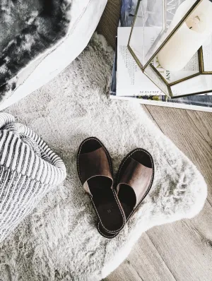 Leather Open Toe Slippers in Chocolate
