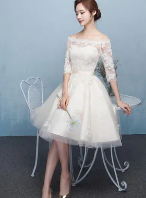 Lovely Ivory Short Tulle Prom Dress , Off Shoulder Party Dress with Lace