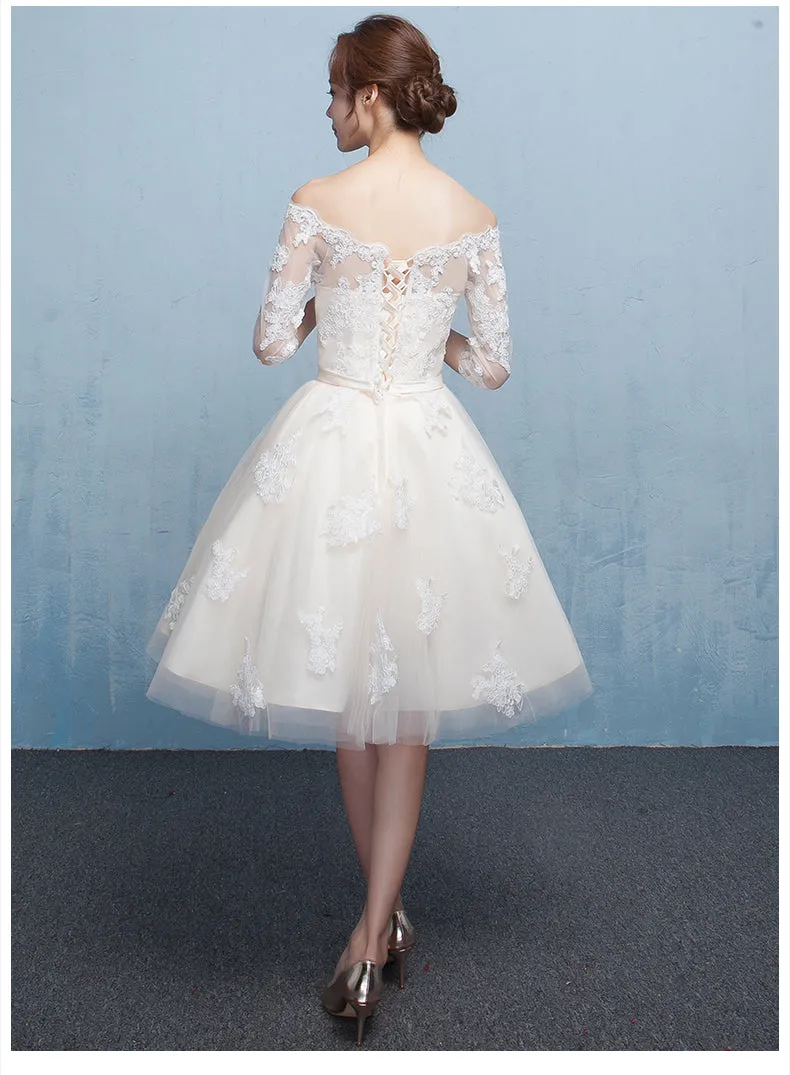 Lovely Ivory Short Tulle Prom Dress , Off Shoulder Party Dress with Lace