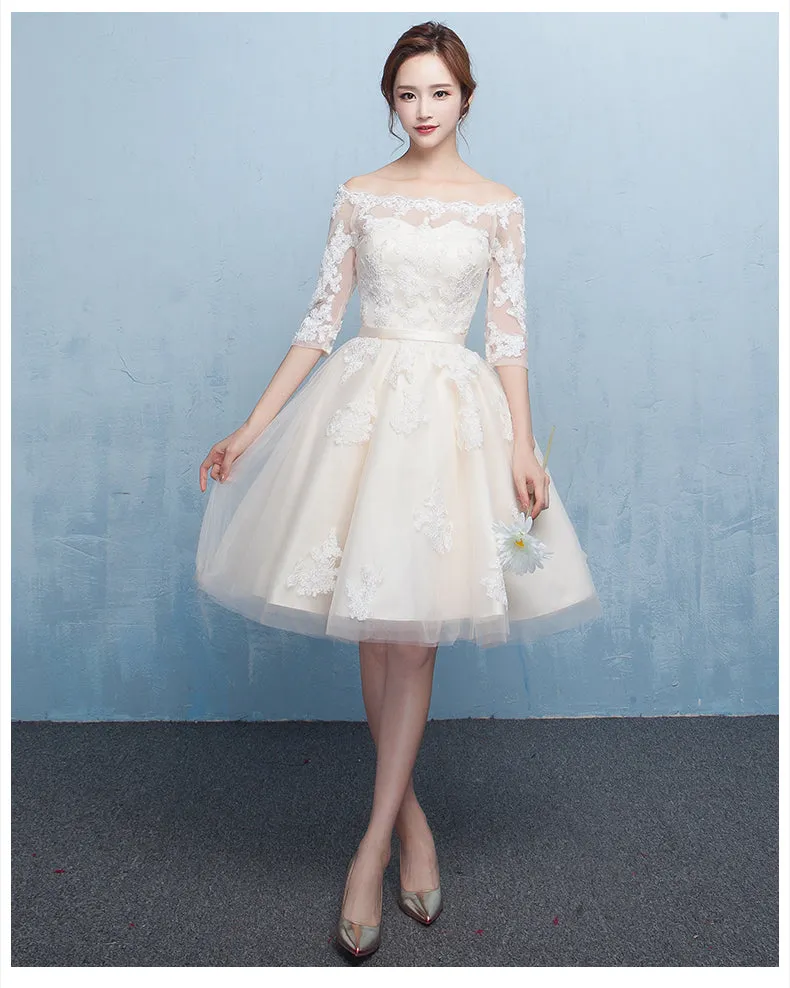 Lovely Ivory Short Tulle Prom Dress , Off Shoulder Party Dress with Lace