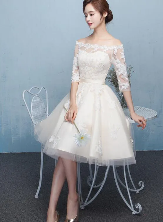 Lovely Ivory Short Tulle Prom Dress , Off Shoulder Party Dress with Lace