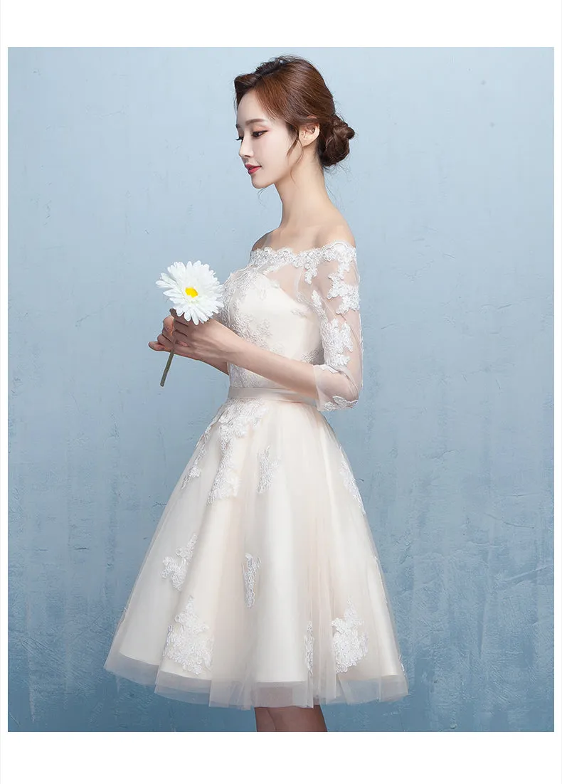 Lovely Ivory Short Tulle Prom Dress , Off Shoulder Party Dress with Lace