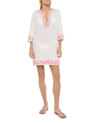 Macha linen tunic dress with coral print