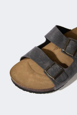 Mens Flat Bottom Double Band Faux Leather Slipper