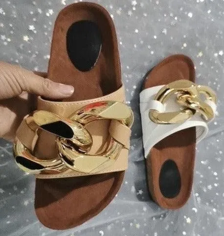 Metal Chain Open-Toe Flat-Bottom Slide on Mules