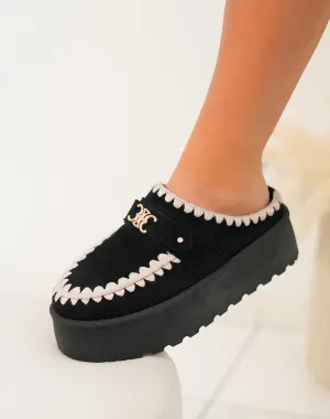 Mules femme noires tendance avec broderies beige et détail doré