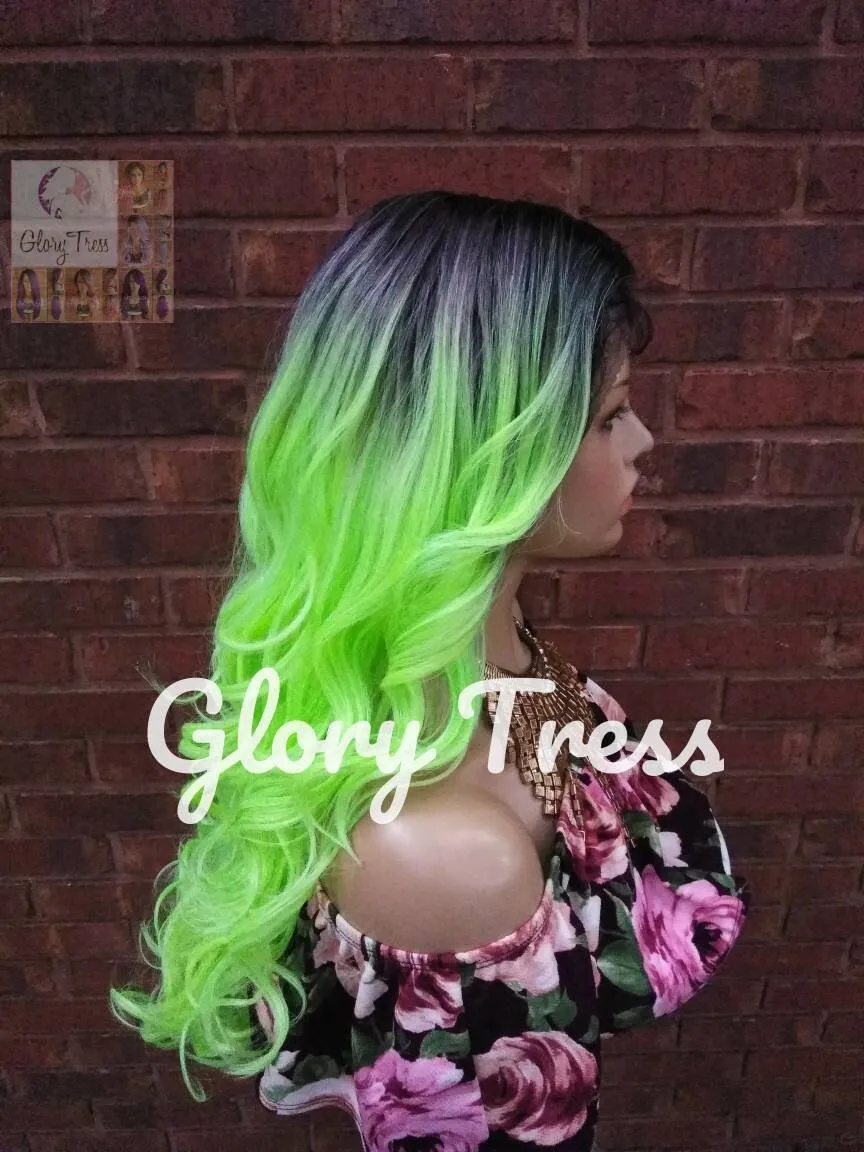 Neon Green Lace Front Wig, Ombre Green Wig, Halloween Wig, Glory Tress Wig, Curly Green Wig, Wig With Baby Hair, ON SALE //GLOW