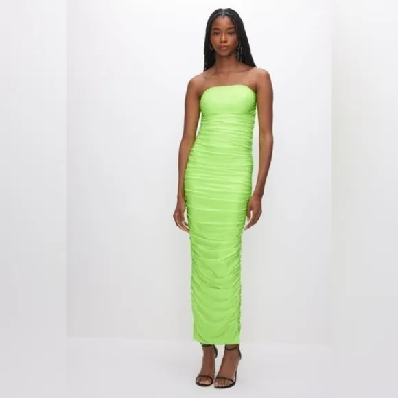 NWT Good American RUCHED MAXI TUBE DRESS Electric Lime size 0 XS