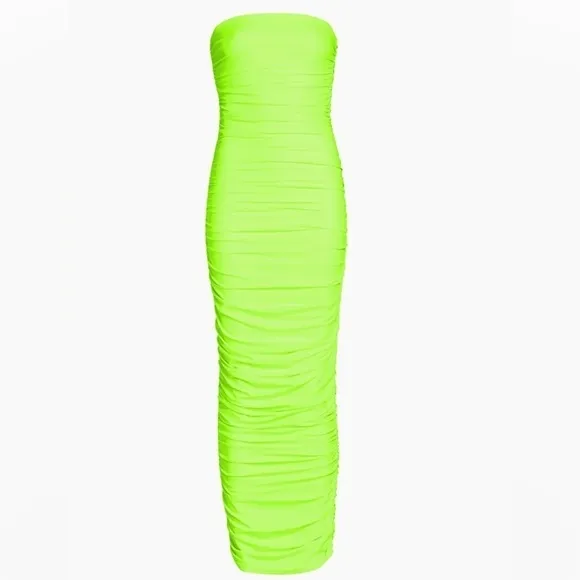 NWT Good American RUCHED MAXI TUBE DRESS Electric Lime size 0 XS