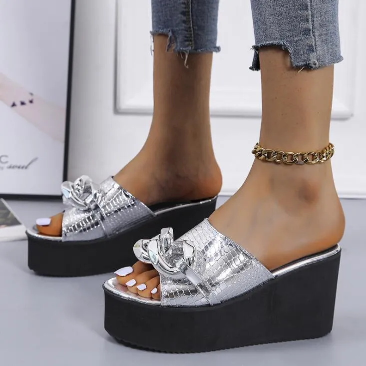 Outer Wear Wedge Heel Square Toe Metal Chain-Shaped Fish Mouth Sandals Shoes Slippers