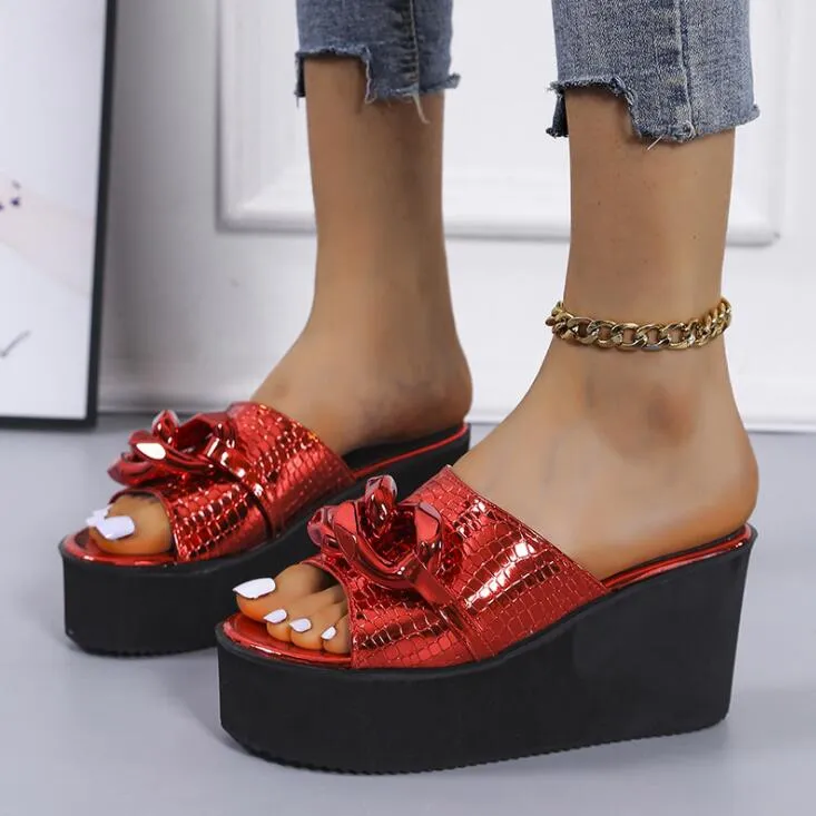 Outer Wear Wedge Heel Square Toe Metal Chain-Shaped Fish Mouth Sandals Shoes Slippers