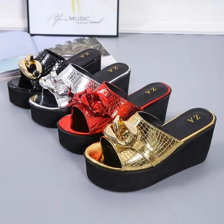 Outer Wear Wedge Heel Square Toe Metal Chain-Shaped Fish Mouth Sandals Shoes Slippers
