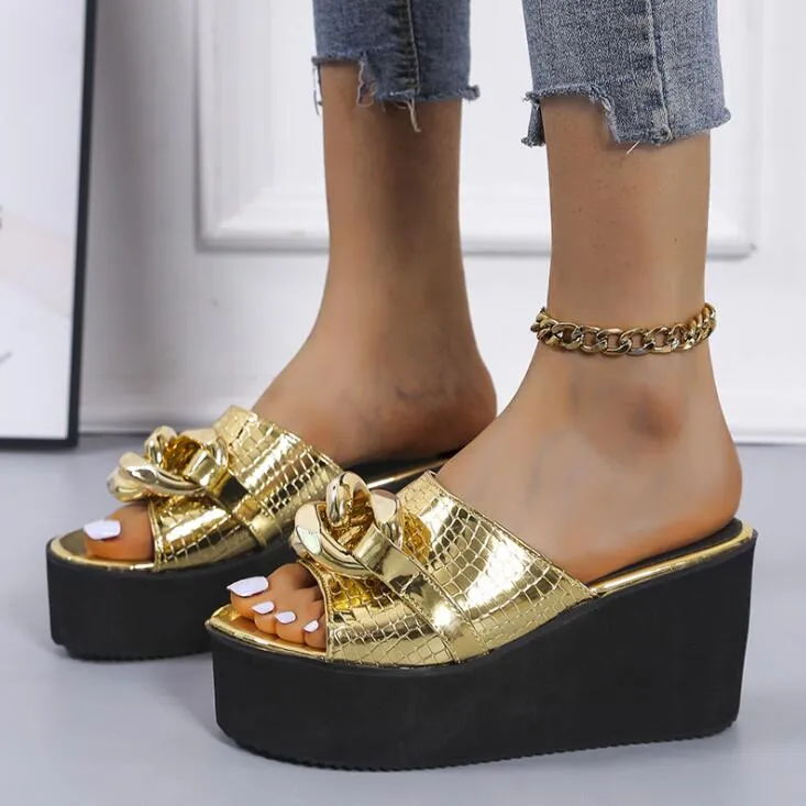 Outer Wear Wedge Heel Square Toe Metal Chain-Shaped Fish Mouth Sandals Shoes Slippers