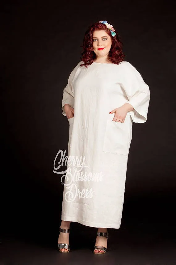 Plus Size Linen Clothing, Sky Blue Linen Dress, Linen Robe, Plus Size Dress with Pockets, Linen Kaftan, Plus Size Clothing, Minimalist Dress