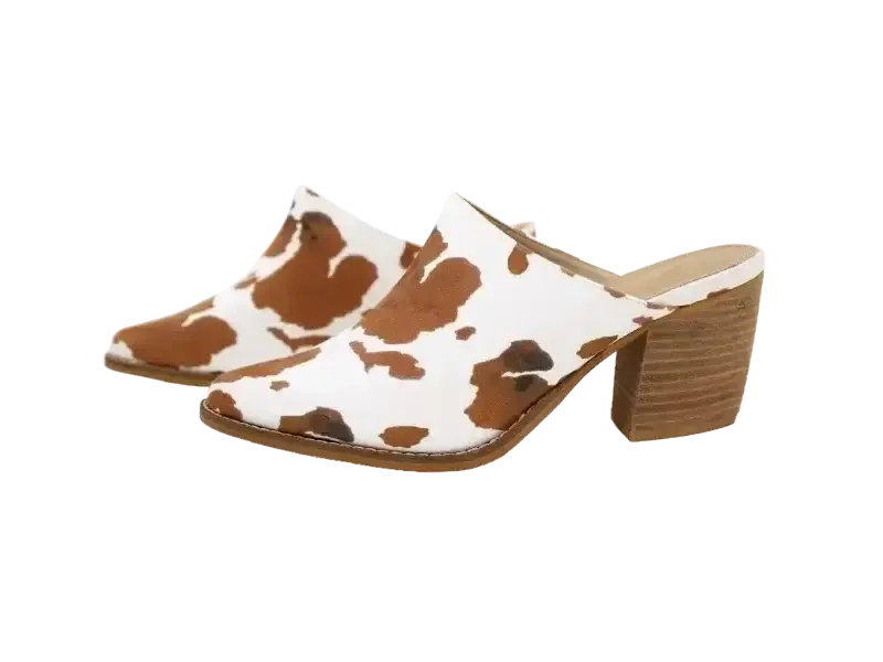 Pointy Toe Cow Print Stack Mules - Brown