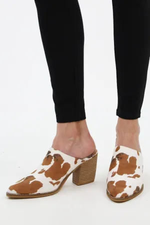 Pointy Toe Cow Print Stack Mules - Brown