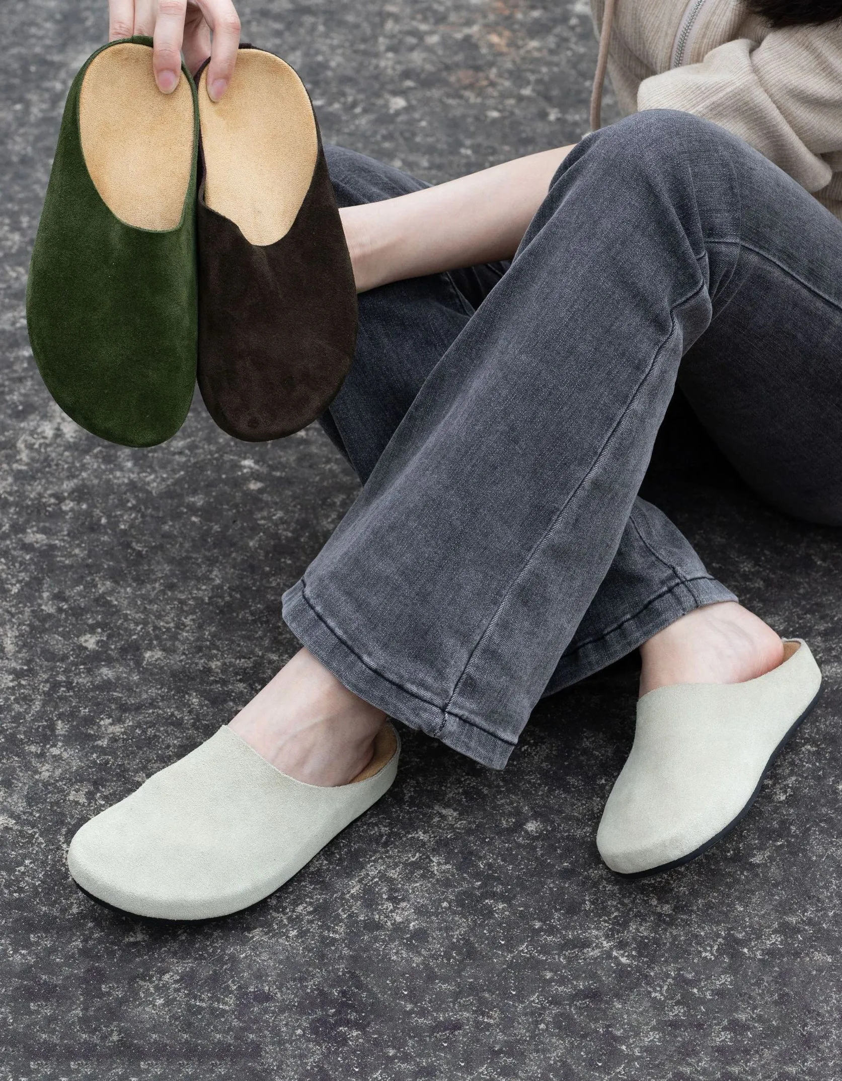 Real Leather Suede Wide Toe Box Mules