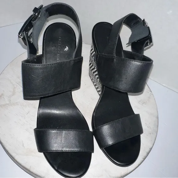 Rebecca Minkoff Women's Emilia Leather Wedge Sandals US 8.5 Black White