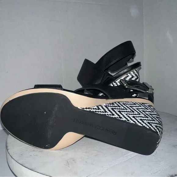 Rebecca Minkoff Women's Emilia Leather Wedge Sandals US 8.5 Black White