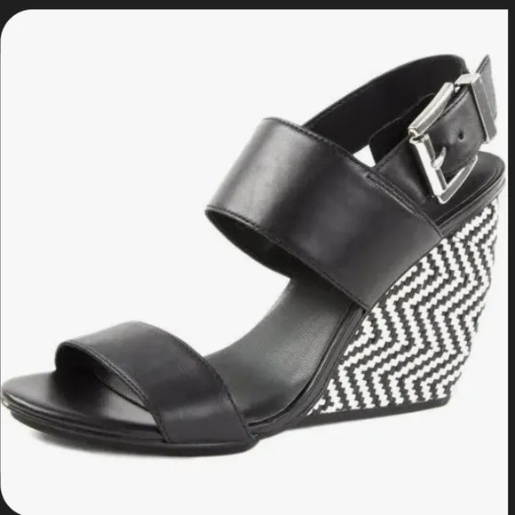 Rebecca Minkoff Women's Emilia Leather Wedge Sandals US 8.5 Black White