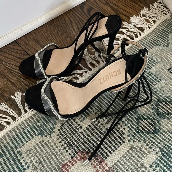 Schutz Cath Black Tie Up Rhinestone Embellished Clear Open Toe Heeled Sandals
