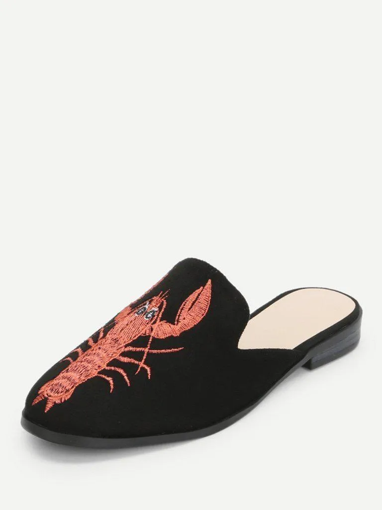 Shrimp Embroidery Flat Mules