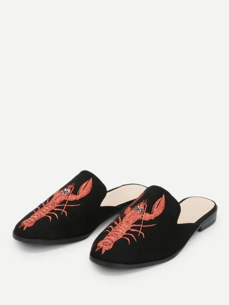 Shrimp Embroidery Flat Mules