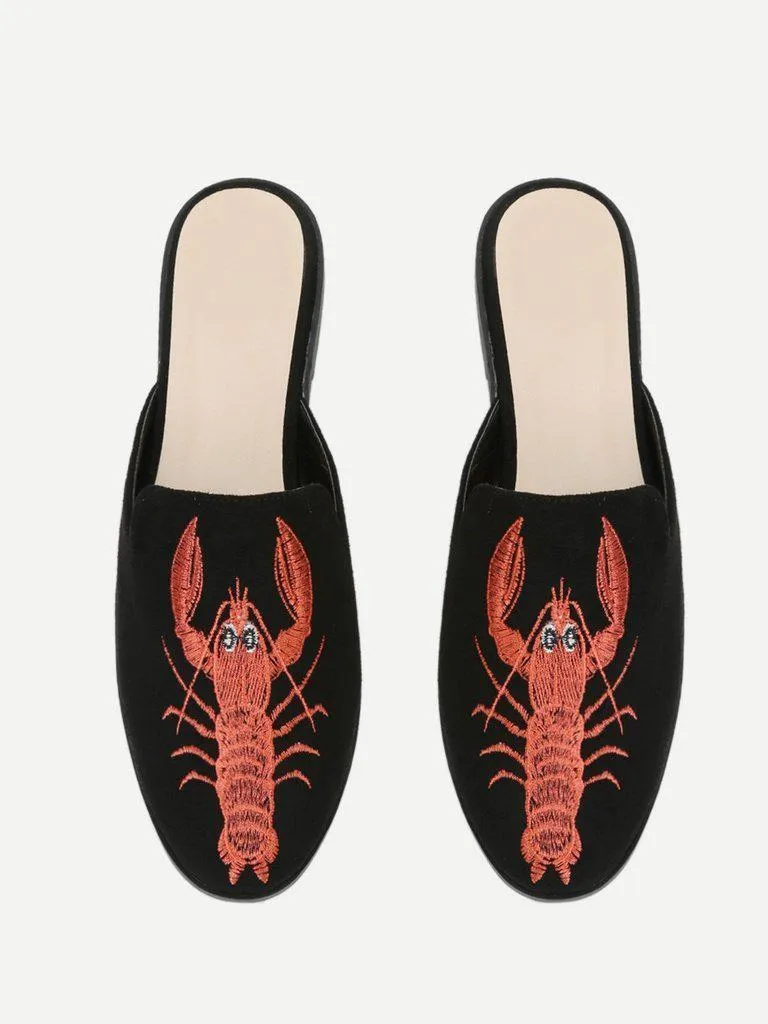 Shrimp Embroidery Flat Mules