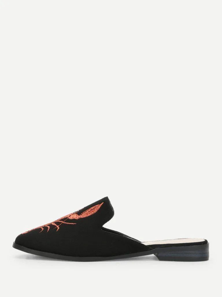 Shrimp Embroidery Flat Mules